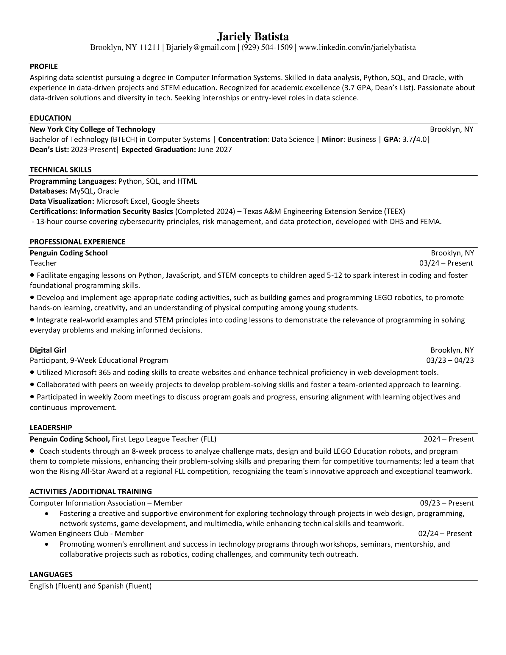 Resume of Jariely Batista